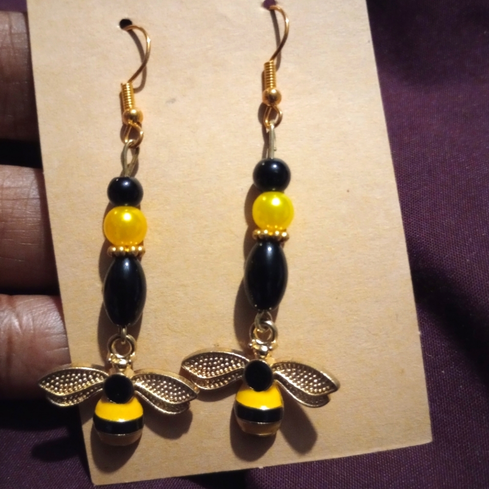 Bee-Themed Gold and Black Earrings